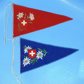 2 Vtg Swiss Flags Wimpel Triangle Shape Stitched Edelweiss Cross Shield Red Blue