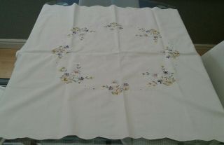 Vintage White Cotton & Blue Embroidered Floral Tablecloth 34 " X 33 "
