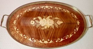 Mid Century Marquetry Inlaid Wood Serving Tray 18 Oval Brass Rail Sorrento Italy