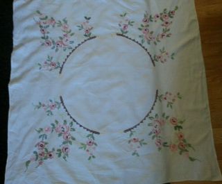 Large Vintage Linen Hand Embroidered Tablecloth Cross Stitch Flowers 52 " X 52