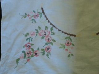 Large Vintage Linen Hand Embroidered Tablecloth Cross Stitch Flowers 52 