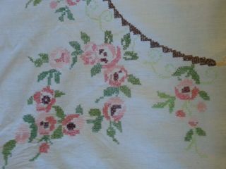 Large Vintage Linen Hand Embroidered Tablecloth Cross Stitch Flowers 52 