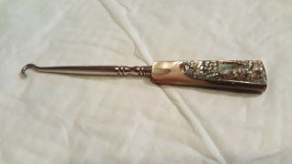 Antique Shoe & Button Hook With Abalone Shell Handle Silver Plated Hook