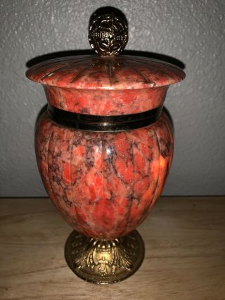 Gorgeous Orange Alabaster Jar With Hinged Lid & Brass Pedestal Base