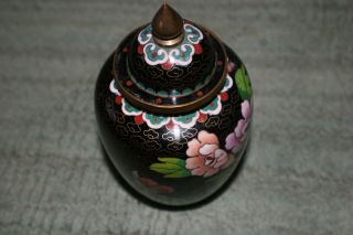 Vintage Chinese Cloisonn ' e Jar & Lid Enamel & Brass Black - Fantastic Piece 3