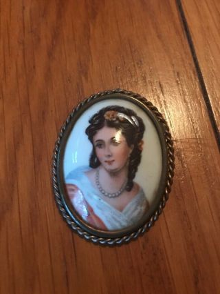 Large Antique Limoges Signed Hand Painted Lady Portrait Brooch
