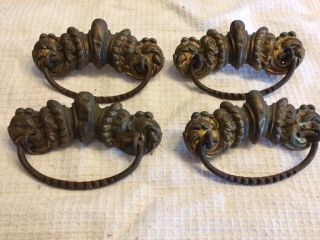 Four Ornate Vintage Brass Drop Bail Pull Drawer Handle Cabinet Pulls Boston