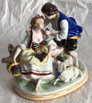 Vintage Porcelain Figurine Young Couple With Dog (lamb?) And Grapes