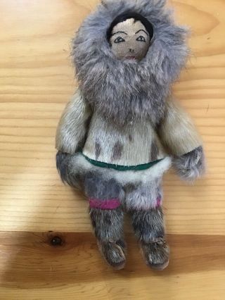 8” Vintage Inuit Native Eskimo Doll Handmade Furs Leather Alaska Folk Art
