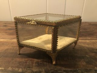 Antique Vintage 4 Sided Diamond Brass Glass Trinket Jewelry Casket Box Display