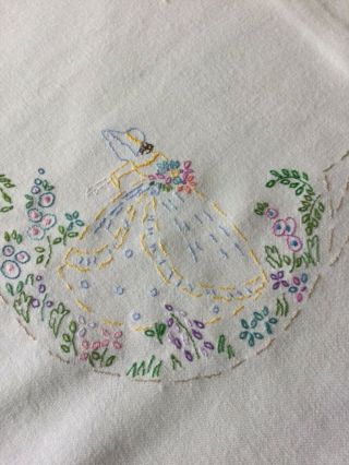 Vintage Hand embroidered Crinoline lady tablecloth 34” x 31” 2