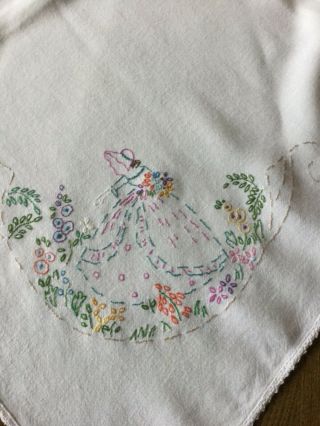 Vintage Hand embroidered Crinoline lady tablecloth 34” x 31” 3