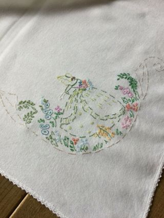 Vintage Hand embroidered Crinoline lady tablecloth 34” x 31” 5