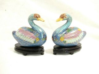 2 Vintage Chinese Cloisonne Swan Figurines W/ Stands