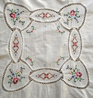 Pretty Floral Hand Embroidered White Linen Tablecloth With Crochet Lace Inserts