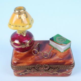Book Reading Glasses & Lamp French Limoges Porcelain Trinket Box Hand Painted
