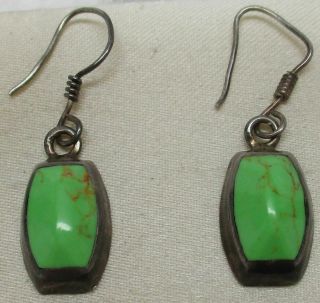 Vintage Sterling Silver Western Bright Green Stone Inlaid Taxco Drop Earrings