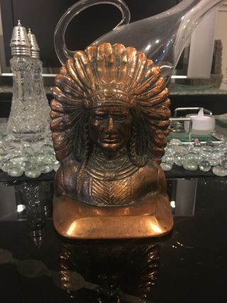 Vintage Solid Brass Native American Indian Chief Head Book End Or Door Stopper