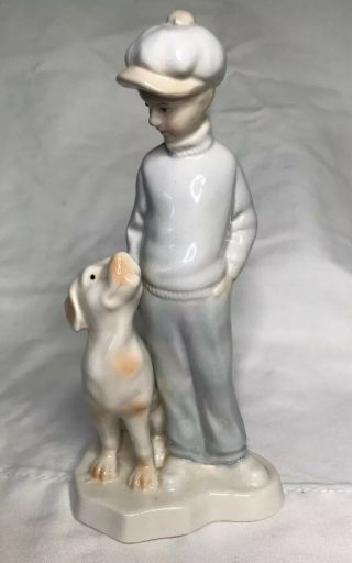 Vintage Porcelain,  Llardo Style,  Figurine Boy With Dog,  6 1/2  Tall