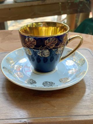 Vintage Jsk Czechoslovakia China - Cup And Saucer - Blue W/ Gold Overlay