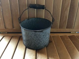 Vintage Grey Speckled Enamelware Pail - Lunch - Handle - Wood - 4 1/2 X 6 Inches