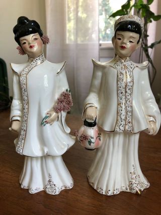 Florence Ceramics Pasadena Vintage 8.  5 " Asian Figurines Lantern Boy/blossom Girl
