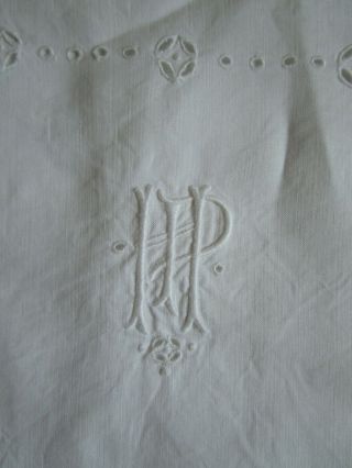 Antique Monogram White Linen Pillow Sham Pillowcase Embroidered Openwork 19 X 22