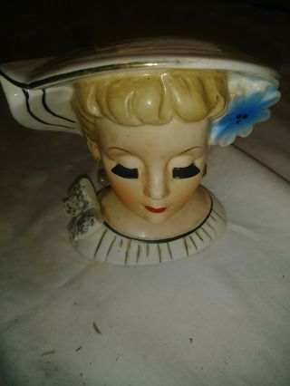 Vintage Ceramic Decorative Woman With White Striped Hat Bust 4 1/2 " Head Vase