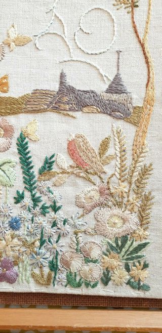Vintage Embroidered Picture Church Robin Garden Flowers 2
