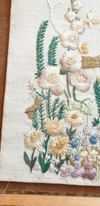 Vintage Embroidered Picture Church Robin Garden Flowers 3