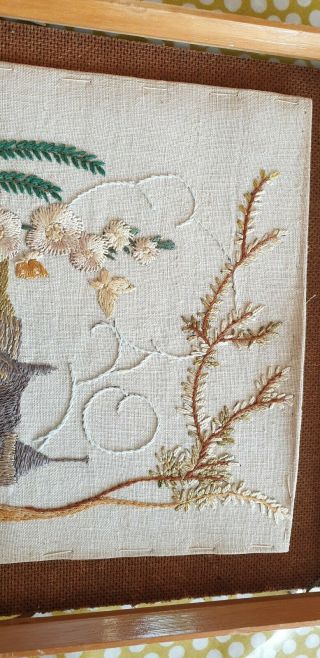 Vintage Embroidered Picture Church Robin Garden Flowers 4