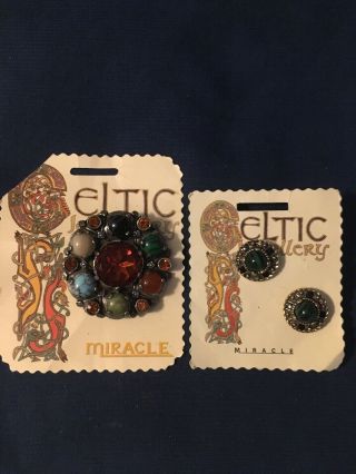 Antique Vtg Miracle Signed Celtic Design Brooch And Earrings