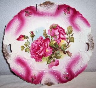 Antique Ps Germany Pink/white Roses Gold Decorative Large 10.  5 " Art Plate Handle