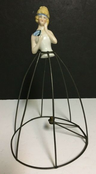Vtg Antique Germany Porcelain Half Doll Lamp Shade Metal Wire Frame Blonde W/fan