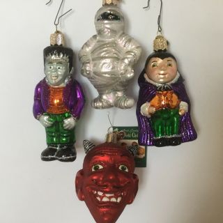 4 Old World Christmas Halloween Ornaments Dracula Frankenstein Mummy Devil Merck