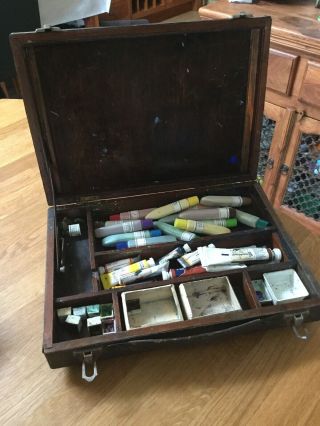 Vintage Artist Travelling Paint Box With Assorted Paints