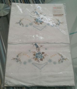 Vintage White Cotton Pillowcases With Blue Roses Embroidery -
