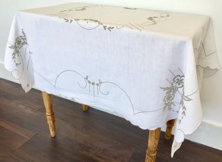 Vintage Linen Hand Embroidered Madeira Tablecloth