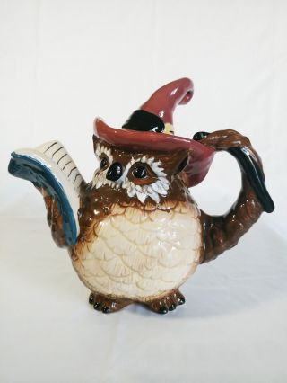 Blue Sky Owl Wizard Teapot Ceramic Heather Goldminc Brown Blue Kitchen Decor