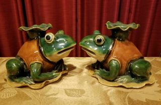 Frogs On Lily Pads 2 Vintage Ceramic Crowned Frog Candlestick Candle Holders
