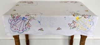 Vintage Table Cloth Hand Embroidered Crinoline Lady In The Garden No.  120 2
