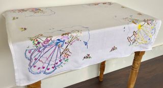 Vintage Table Cloth Hand Embroidered Crinoline Lady In The Garden No.  120 5