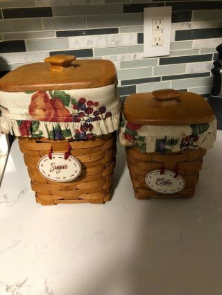 2 Longaberger 1995 Square Canisters With Liners & Tie - On