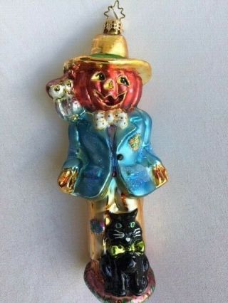 Christopher Radko Pumpkin Head Scarecrow With Black Cat Halloween Ornament 7 " T