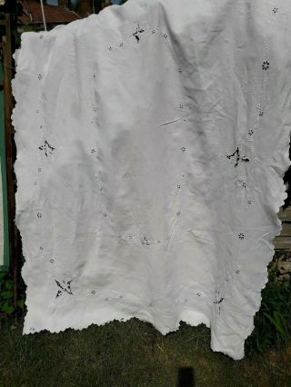 Vintage Madeira Tablecloth Large Hand Embroidery Linen Scalloped Edge