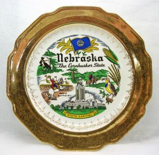 State Of Nebraska Plate 22k Gold Trimmed " The Cornhusker State " Colorful Look