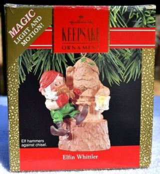 Rare 1990 Hallmark Elfin Whittler Magic Light & Motion Christmas Ornament Scarce