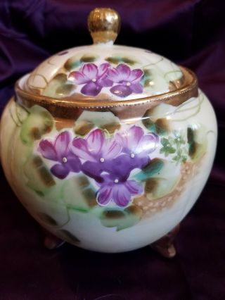 Vintage Hand Painted Porcelin Violets Floral Footed Jar