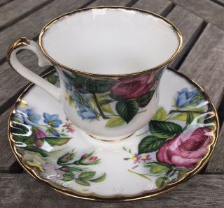 Heirloom Pink Roses Blue Flowers Tea Cup Saucer Fine Bone China Made In England
