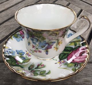 Heirloom Pink Roses Blue Flowers Tea Cup Saucer Fine Bone China Made in England 2